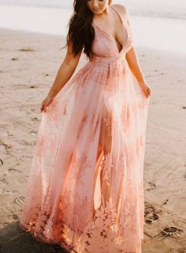 Luxxel Pink Flower Lace Long Dress