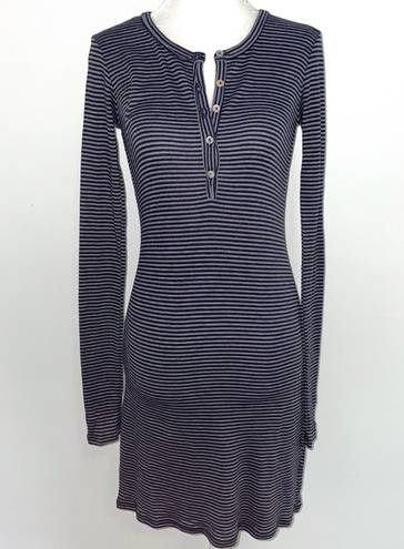 LA Made New  Striped Ribbed Knit Long Sleeve Henley Mini Dress Navy Grey