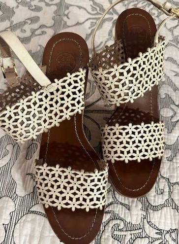 Tory Burch  Cork Sandals Wedge Ivory Perforated Leather Daisy