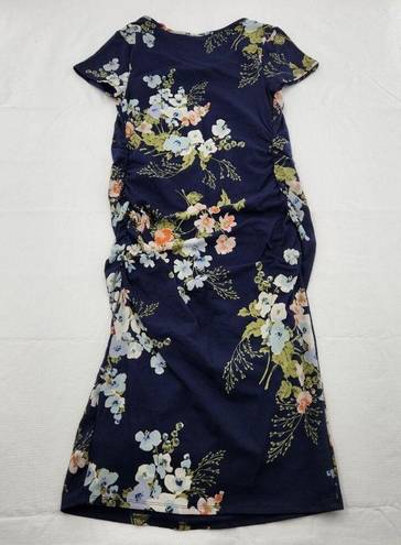 Isabel Maternity  Bodycon T-Shirt Dress Medium Short Sleeve Ruched Blue Floral