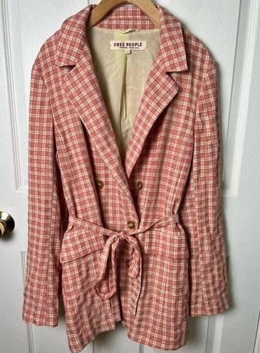 Free People  Pink Cream Long Sleeve Button Waist Tie Olivia Gingham Blazer M