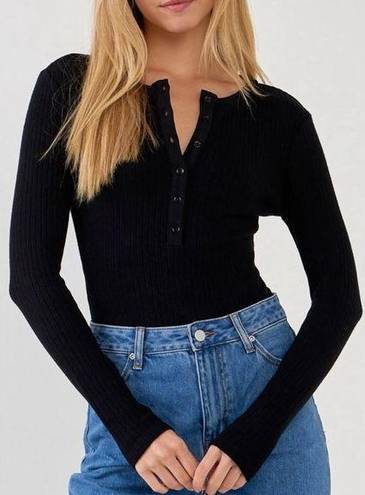 Free The Roses  Ribbed Knit Henley V-Neck Button Front Bodysuit Top Black Large