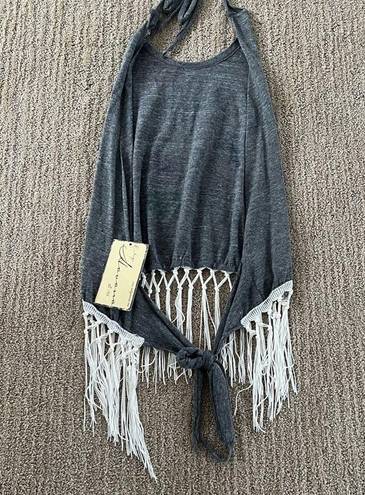 Vintage Havana  Grey Boho Open back Halter Tank Top with Fringe