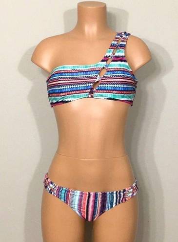 Jessica Simpson  multicolored one-shouldered bikini