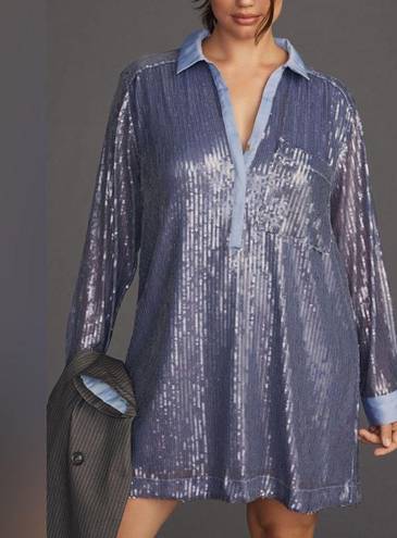 Pilcro  Long-Sleeve Sequin Mini Shirt Blue Dress. | Small