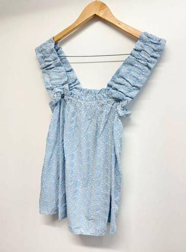 AQUA  Eyelet Top Size Large Blue Ruffle Pullover Wide Strap Woven Tank NEW