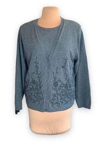 Vintage Alfred Dunner Cardigan Sweater Two In One Layered Gray Floral Appliqué Size L