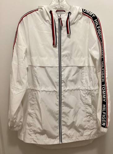 Tommy Hilfiger White /Red /Blue Hooded Windbreaker Jacket Sleeve Logo Sz XS