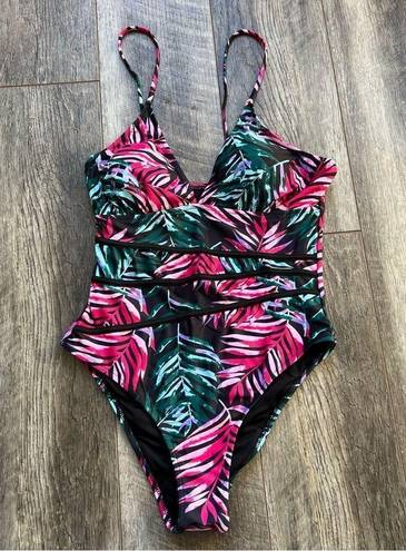 Beachsissi  NWT One Piece Swimsuit Size Large Black Pink Green Tropical Palm