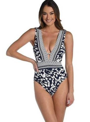 La Blanca  Plunge V-Neck Blue White Patterned One Piece Bathing Suit