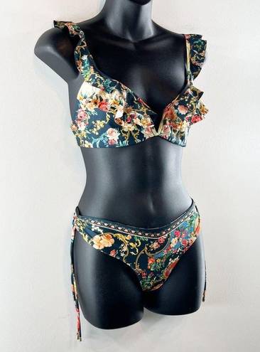 Agua Bendita  Malena Sweetheart Ruffle Two Piece Floral Bikini Green Large