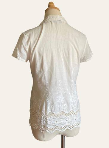 August Silk Y2K White Cotton Crochet Coquette Button Down Short Sleeve Top