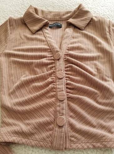 Naked Wardrobe  Women's Mocha Button Up Long Sleeve Crop Collard Shirt Size XS