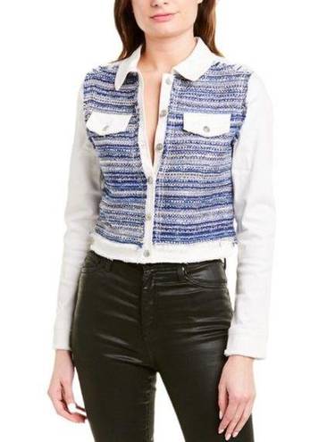 Ramy Brook  Barry Button-Front Denim & Tweed Frayed Edge Denim Jacket Size Large