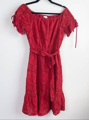 Shoshanna  anthropologie eyelet red belted ruffle midi dress size 2 wedding guest