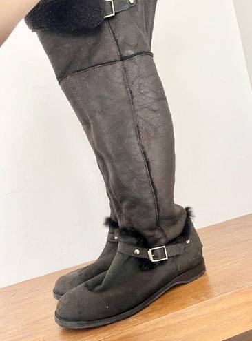 Jimmy Choo  Leather Over The Knee Shearling Trim Boots Brown Women's 37.5 / 7.5