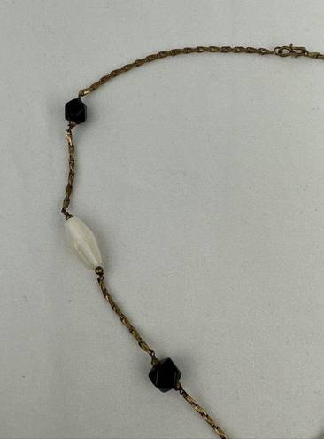 Onyx Vintage Semi Precious White Agate  Beaded Brass Chain Lariat Necklace