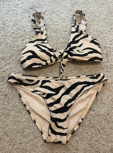 Cabana Del Sol Tan And Black Zebra Stripe V Neck Bikini With Tie Front