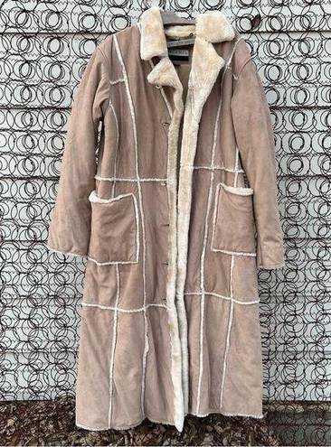 Big Chill Faux Shearling Leather Patchwork Penny Lane Full Length Trench Coat Size L