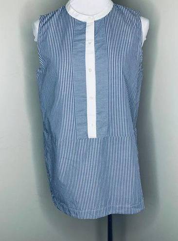 Vince  Tank Top 10 Blue & White Sleeveless Top Half Button Striped Split Hem