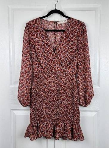 The Row  A Burgundy Floral Long Sleeve Ruffle Smoked Dress Long Sleeve Size L