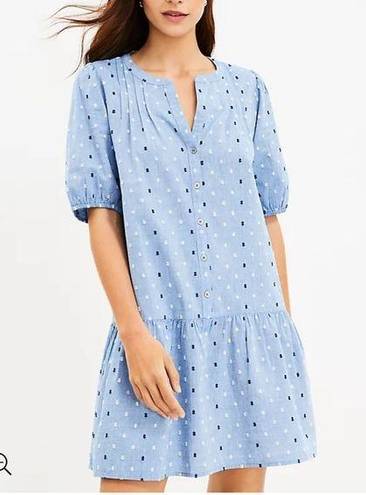 Loft Chambray Clip Puff Sleeve Button Swing Dress Sz Large