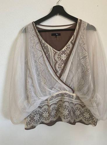 Ryu Anthro  Lace Wrap Front Coquette Cottagecore Boho Dolman Sleeve Blouse Size L