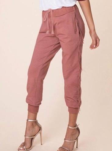 Kittenish  luxe lounge fringed drawstring joggers in blush size S