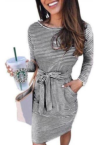 Merokeety NEW Striped Long Sleeve Belted Sheath Pencil Dress S