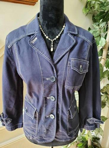 The Loft  Women Blue Cotton Long Sleeve Single Breasted Fitted Jacket Blazer Size 14