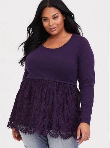 Torrid  Purple Lace Babydoll Pullover Peplum Long Sleeve