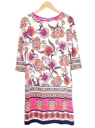 Chico's NWT Chico’s Floral Print Fitted Short Dress Pink Combo 3/4 Sleeves Womens 0 | XS