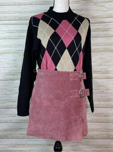 Mango  MNG Pink Genuine Pigskin Leather Suede Buckled Mini Skirt