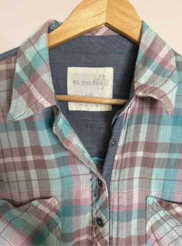 We The Free  Womens Button Up Shirt Blue Plaid Long Sleeve Collar Stretch SP