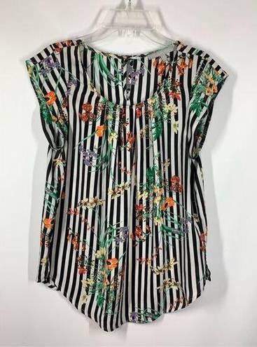 Sweet Rain  Women's Floral Striped Keyhole Back Pleated Blouse Multicolor Small