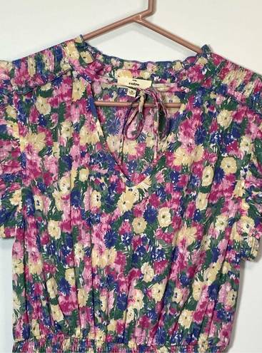 Entro  Women’s Floral Tiered V-Neck Smocked Waist Mini Dress Pink Blue Medium