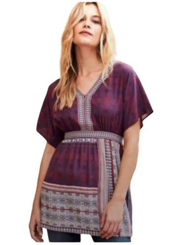 Garnet Hill  100% Slik Boho V Neck Dolman Short Sleeves Tunic Red Blue 8