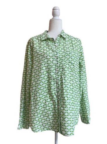 Caslon  Green Geometric Button Up Roll Tab Sleeve Women L Linen Blend Collared