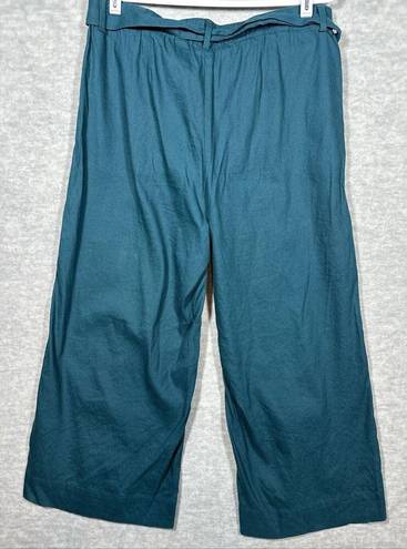 J.Jill  Linen Blend Wide Leg Pull On Women’s Pants Teal Belt Crop Lagenlook L