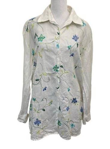 Allison Taylor  100% Linen Embroidered Floral Colorful Button Up Shirt size Large
