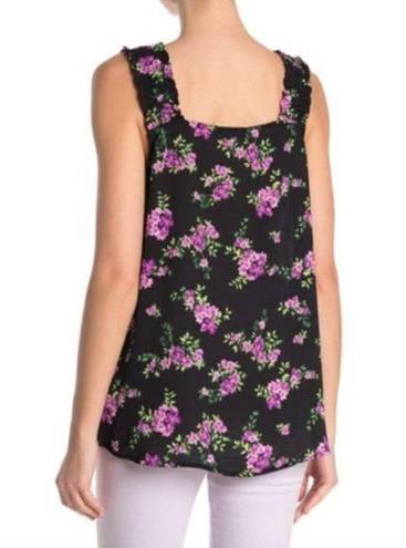 Pleione NEW  ANTHROPOLOGIE Square Neck Smocked Tank Black Purple Green Floral Top