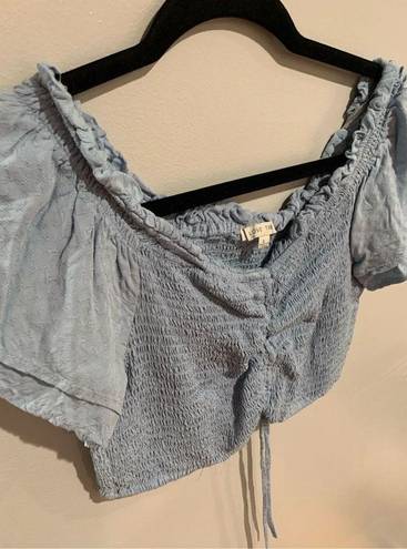 Love Tree Cropped Shirred Peasant Top--Blue Rayon Cap Sleeves EUC Womens Large