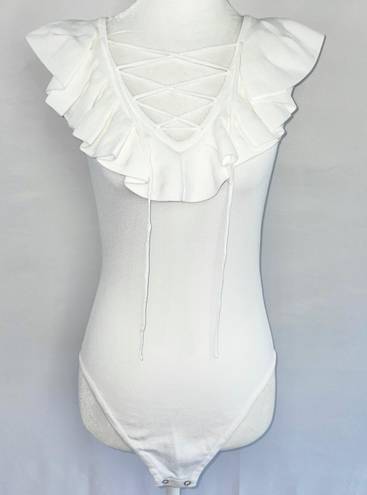 Central Park West New  Lace Up Ruffle Sleeveless Knit Bodysuit White