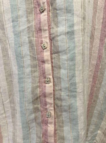 Coldwater Creek  100% Linen Blouse Size Large Striped Tie Full Button Front