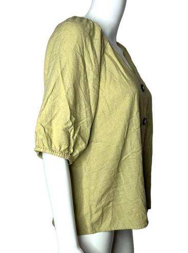 Harper  Women's Blend Blouse Tan Linen Cotton Blend Short Sleeve Puff Sleeve