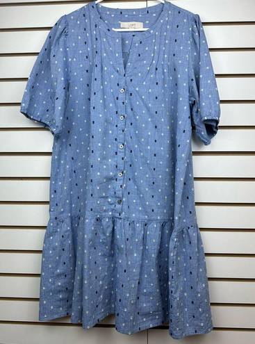 Loft Chambray Clip Puff Sleeve Button Swing Dress Sz Large