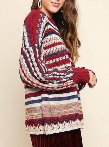 Umgee Boho Oversized Red Stripe Crochet Sweater