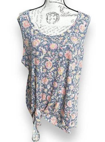 Bobeau Studio B by  Scoop Neck Tank Top Plus 2X Blue Pink Floral Tie Hem NWOT