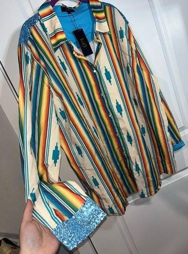 L&B NWT  Lucky & Blessed Southwestern Blue Sequined Long Sleeve Button Up Blouse