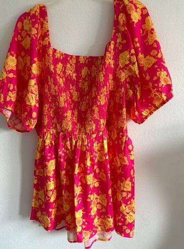 JODIFL Pink Floral Square Neck Smocked Puff Sleeve Womens Blouse Top Size 2X NWT